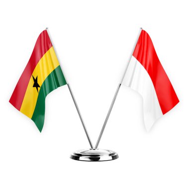 Two table flags isolated on white background 3d illustration, ghana and indonesia