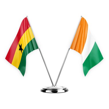 Two table flags isolated on white background 3d illustration, ghana and ivory coast