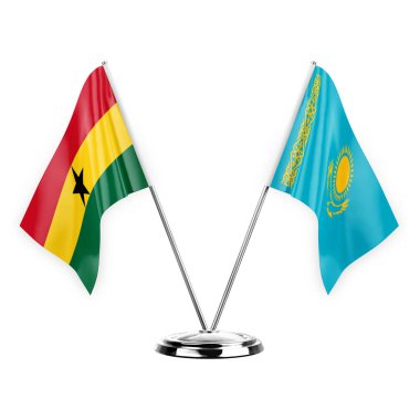 Two table flags isolated on white background 3d illustration, ghana and kazakhstan