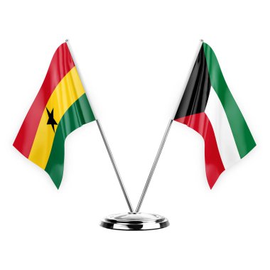 Two table flags isolated on white background 3d illustration, ghana and kuwait
