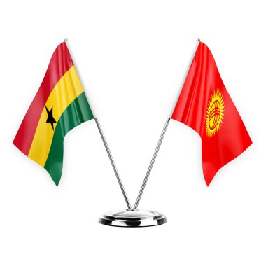 Two table flags isolated on white background 3d illustration, ghana and kyrgyzstan