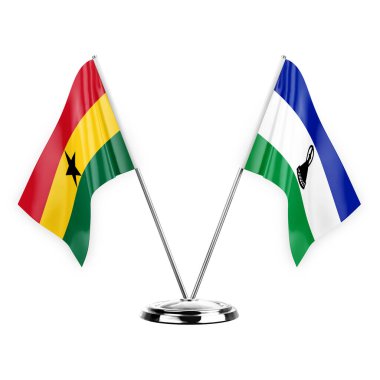 Two table flags isolated on white background 3d illustration, ghana and lesotho
