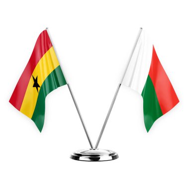 Two table flags isolated on white background 3d illustration, ghana and madagascar