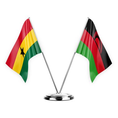 Two table flags isolated on white background 3d illustration, ghana and malawi
