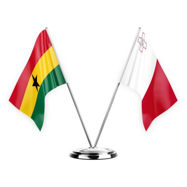Two table flags isolated on white background 3d illustration, ghana and malta