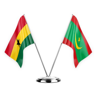 Two table flags isolated on white background 3d illustration, ghana and mauritania