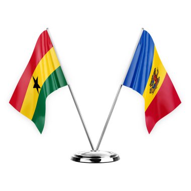 Two table flags isolated on white background 3d illustration, ghana and moldova