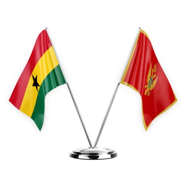 Two table flags isolated on white background 3d illustration, ghana and montenegro