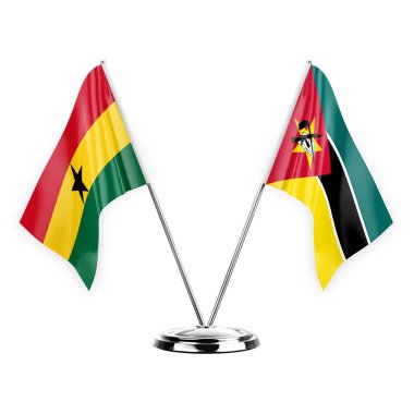 Two table flags isolated on white background 3d illustration, ghana and mozambique