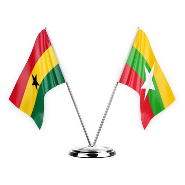 Two table flags isolated on white background 3d illustration, ghana and myanmar