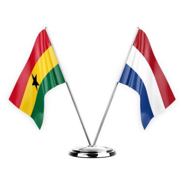 Two table flags isolated on white background 3d illustration, ghana and netherlands