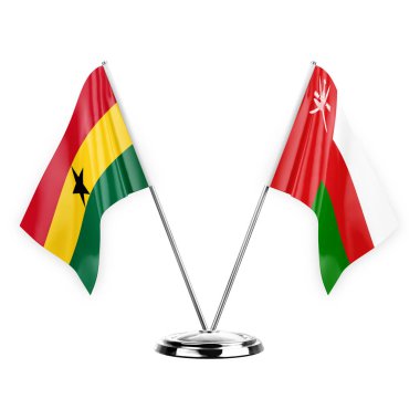 Two table flags isolated on white background 3d illustration, ghana and oman
