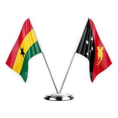Two table flags isolated on white background 3d illustration, ghana and papua new guinea