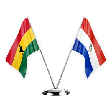 Two table flags isolated on white background 3d illustration, ghana and paraguay