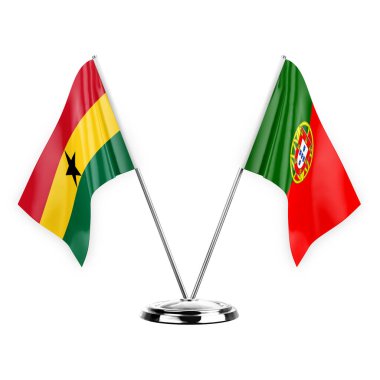 Two table flags isolated on white background 3d illustration, ghana and portugal