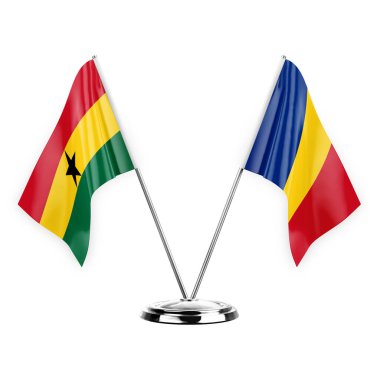 Two table flags isolated on white background 3d illustration, ghana and romania