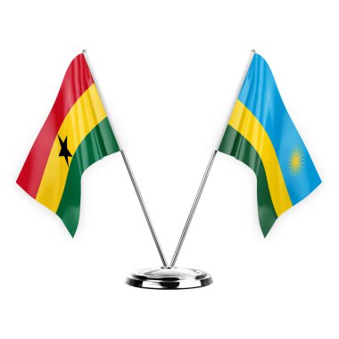 Two table flags isolated on white background 3d illustration, ghana and rwanda