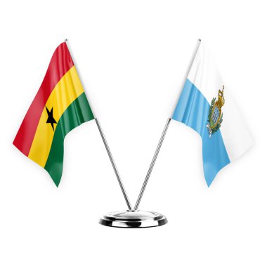Two table flags isolated on white background 3d illustration, ghana and san marino
