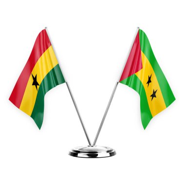 Two table flags isolated on white background 3d illustration, ghana and sao tome and principe