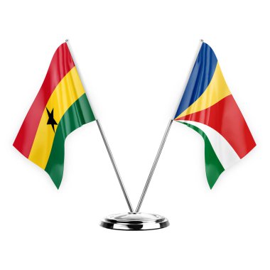 Two table flags isolated on white background 3d illustration, ghana and seychelles