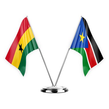 Two table flags isolated on white background 3d illustration, ghana and south sudan