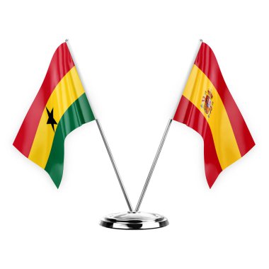 Two table flags isolated on white background 3d illustration, ghana and spain