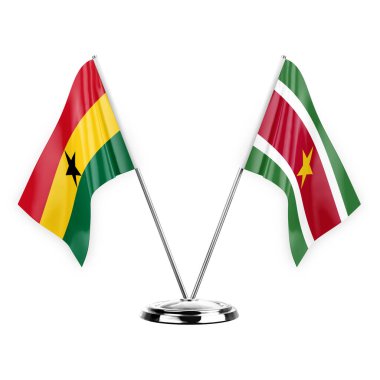 Two table flags isolated on white background 3d illustration, ghana and suriname