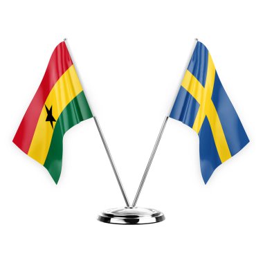Two table flags isolated on white background 3d illustration, ghana and sweden
