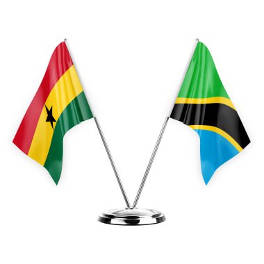 Two table flags isolated on white background 3d illustration, ghana and tanzania