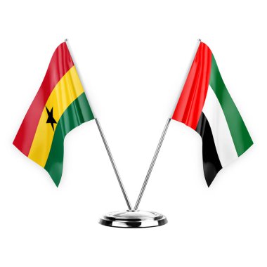 Two table flags isolated on white background 3d illustration, ghana and united arab emirates