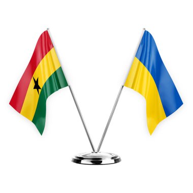 Two table flags isolated on white background 3d illustration, ghana and ukraine