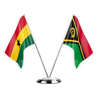 Two table flags isolated on white background 3d illustration, ghana and vanuatu