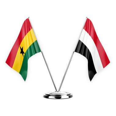 Two table flags isolated on white background 3d illustration, ghana and yemen