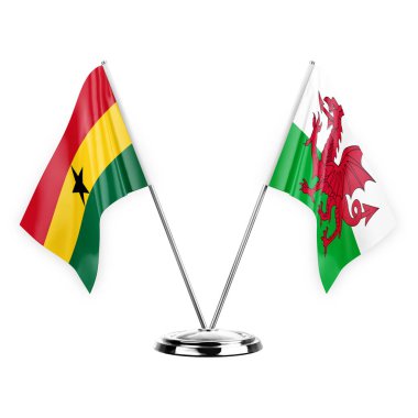 Two table flags isolated on white background 3d illustration, ghana and wales