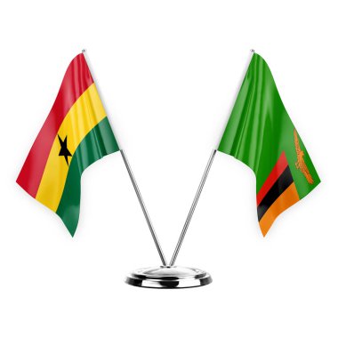 Two table flags isolated on white background 3d illustration, ghana and zambia