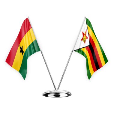 Two table flags isolated on white background 3d illustration, ghana and zimbabwe