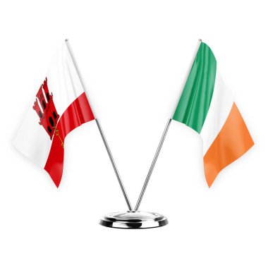 Two table flags isolated on white background 3d illustration, gibraltar and ireland