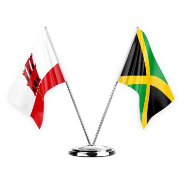 Two table flags isolated on white background 3d illustration, gibraltar and jamaica