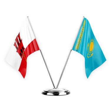 Two table flags isolated on white background 3d illustration, gibraltar and kazakhstan