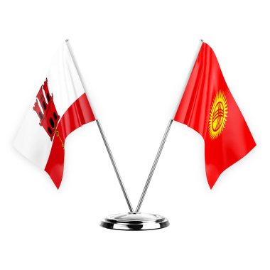 Two table flags isolated on white background 3d illustration, gibraltar and kyrgyzstan