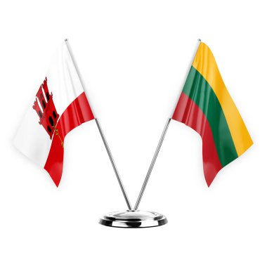 Two table flags isolated on white background 3d illustration, gibraltar and lithuania