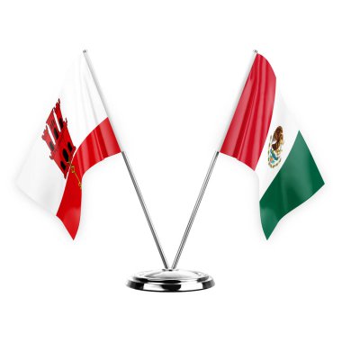 Two table flags isolated on white background 3d illustration, gibraltar and mexico