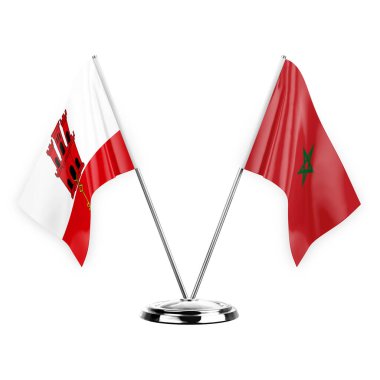 Two table flags isolated on white background 3d illustration, gibraltar and morocco