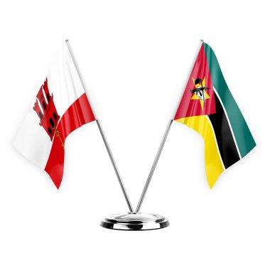 Two table flags isolated on white background 3d illustration, gibraltar and mozambique