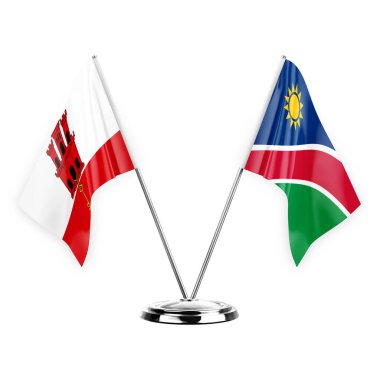 Two table flags isolated on white background 3d illustration, gibraltar and namibia