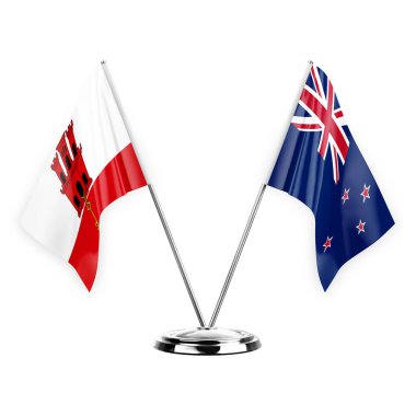Two table flags isolated on white background 3d illustration, gibraltar and new zealand