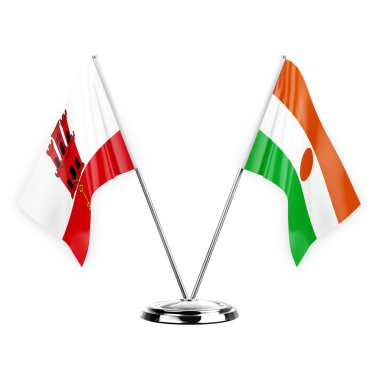 Two table flags isolated on white background 3d illustration, gibraltar and niger