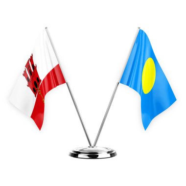 Two table flags isolated on white background 3d illustration, gibraltar and palau