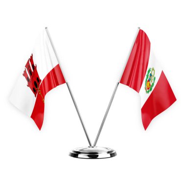Two table flags isolated on white background 3d illustration, gibraltar and peru