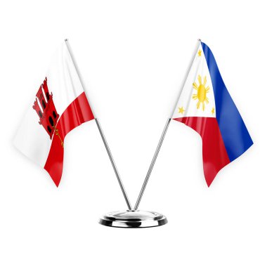 Two table flags isolated on white background 3d illustration, gibraltar and philippines